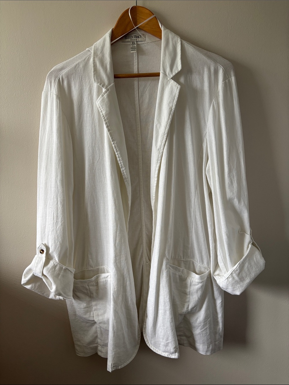 Ellen Tracy White Open-Front Lightweight Linen Blazer
